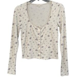 Z Supply Floral Waffle Knit Thermal Top XS Cream Stretch